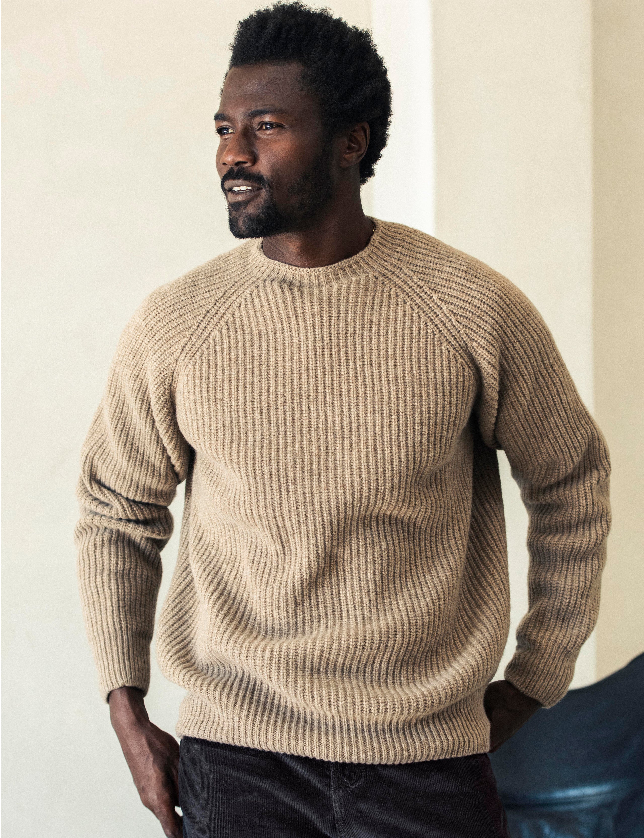 Front body view of man wearing Camden Crewneck Sweater In Chestnut Brown from AETHER Apparel
