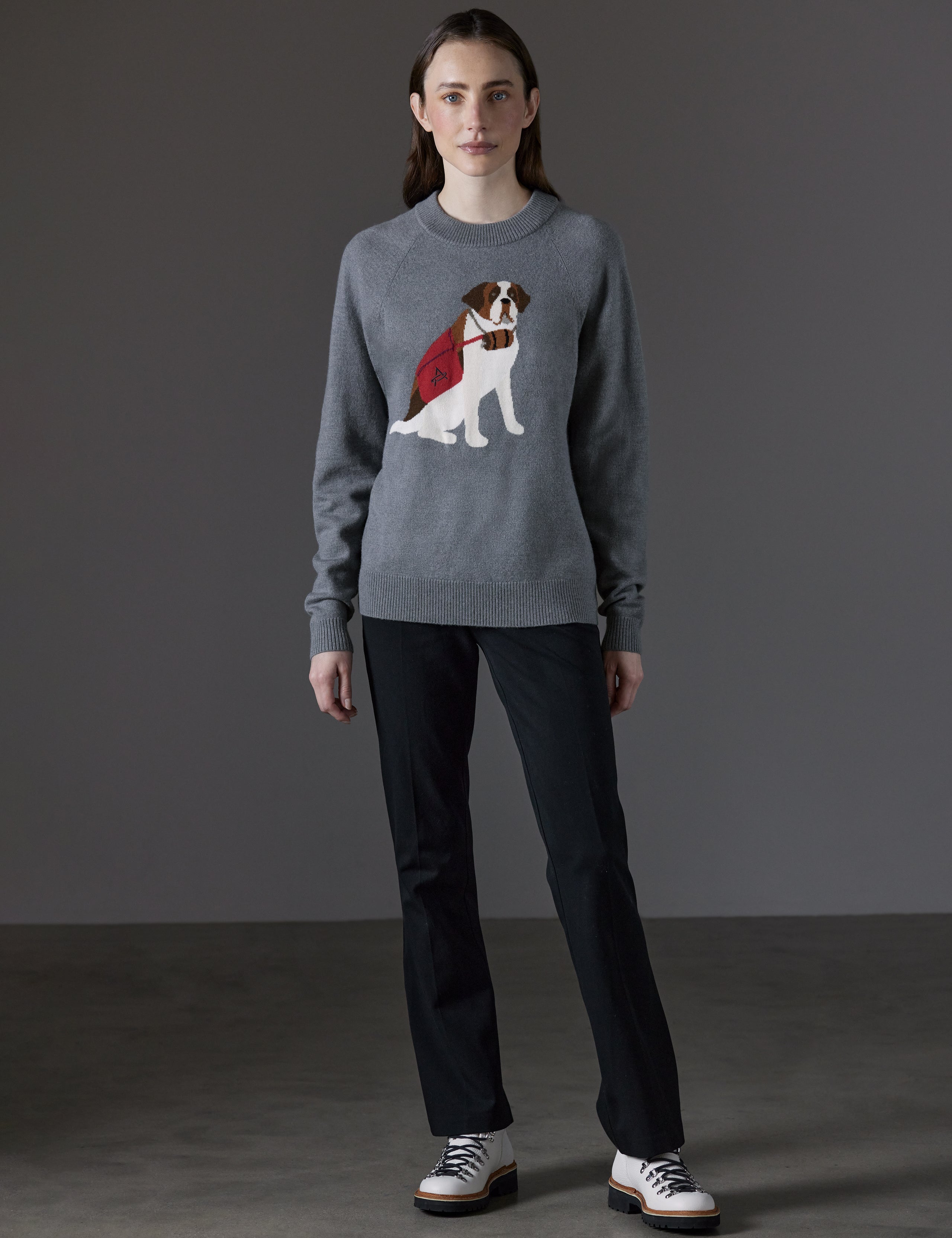 Front full-body view of woman wearing Mosie Sweater in Light Heather Grey from AETHER Apparel.