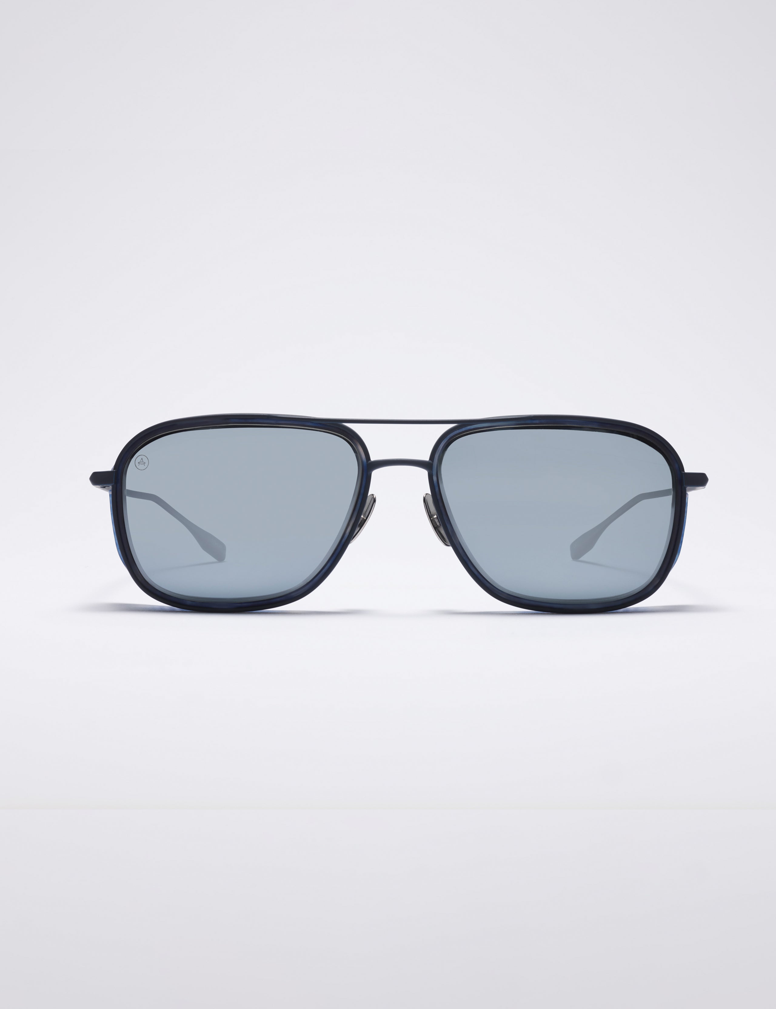 Front view of Summit Sunglass in Blue titanium with Blue Lens from AETHER Apparel.
