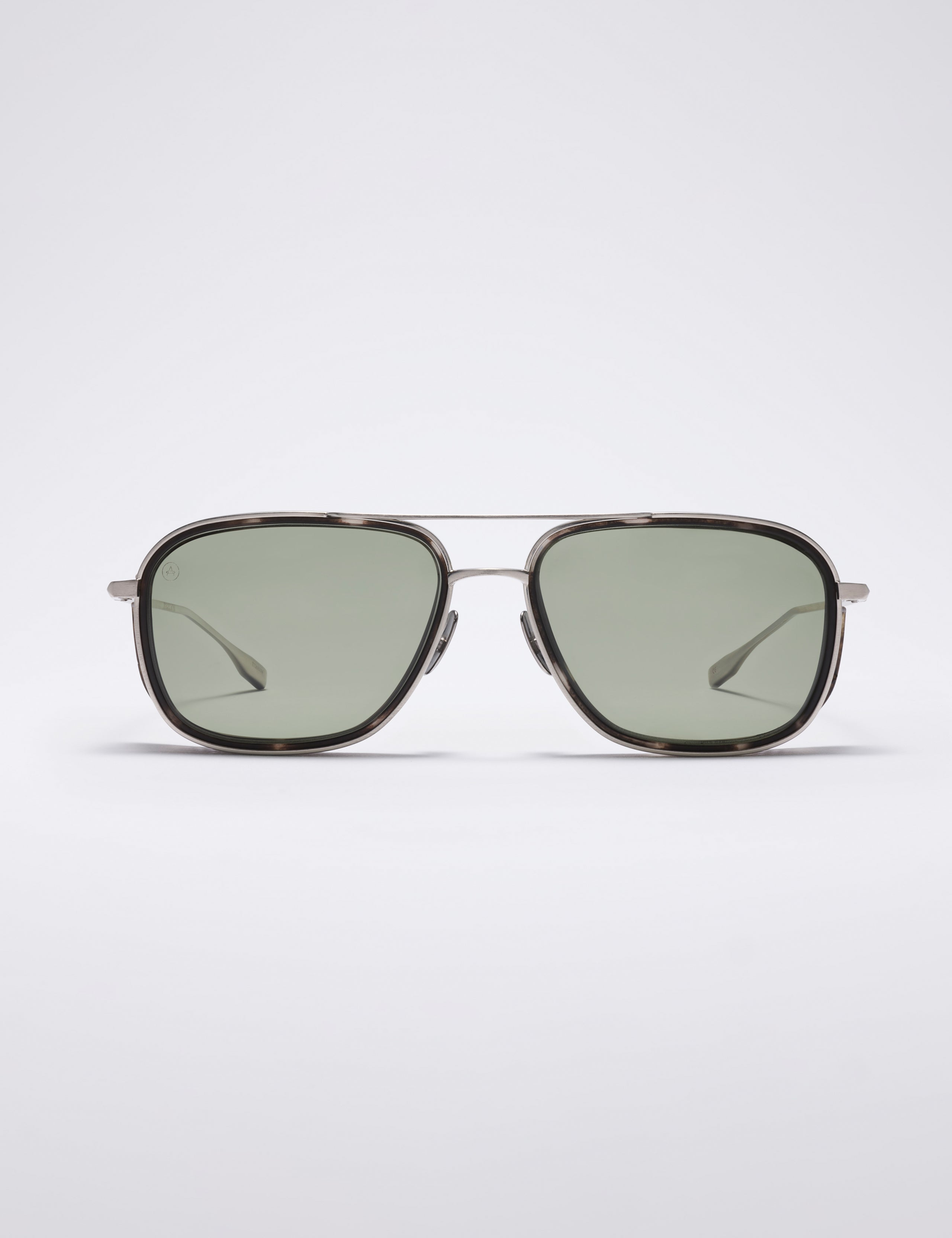 Front view of Summit Sunglass in Brushed Silver titanium with Grey Lens from AETHER Apparel.